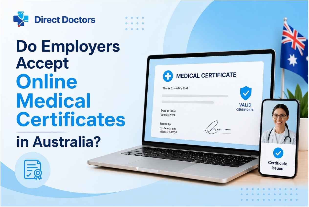 Do employers accept online medical certificates in Australia banner with laptop, digital certificate, and Direct Doctors branding