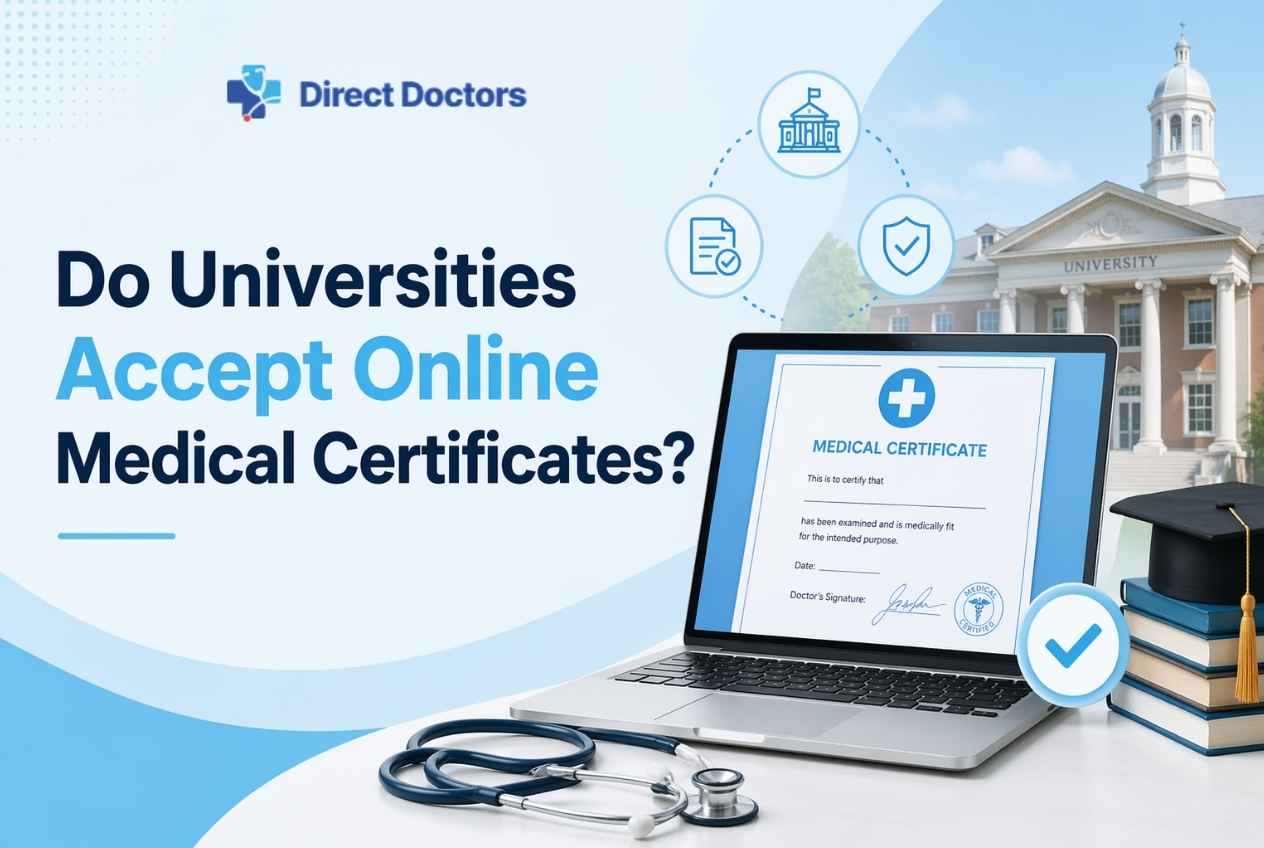 Do universities accept online medical certificates banner with laptop, certificate, and Direct Doctors logo
