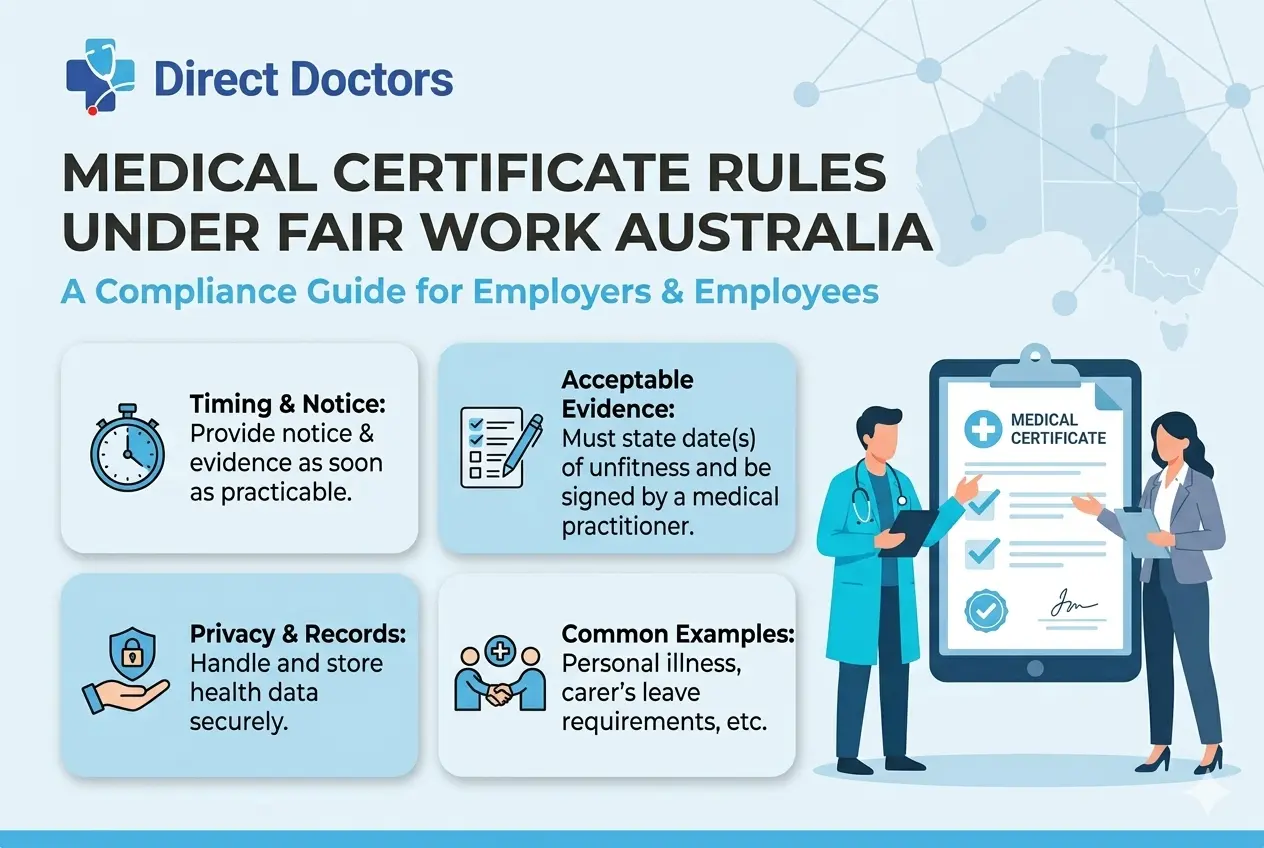 Medical certificate rules under Fair Work Australia explained with online certificate and legal approval concept