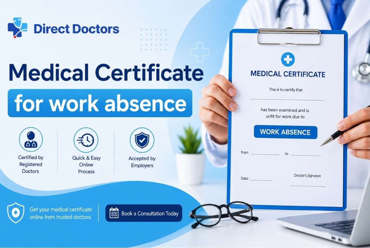 Doctor holding a medical certificate for work absence banner by Direct Doctors